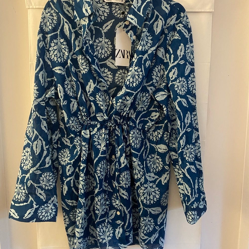 Zara Navy and White Patterned Shirt dress